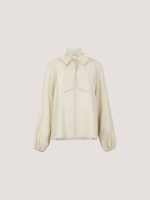 Crinkle Textured Bow Neck Blouse, Stone, large