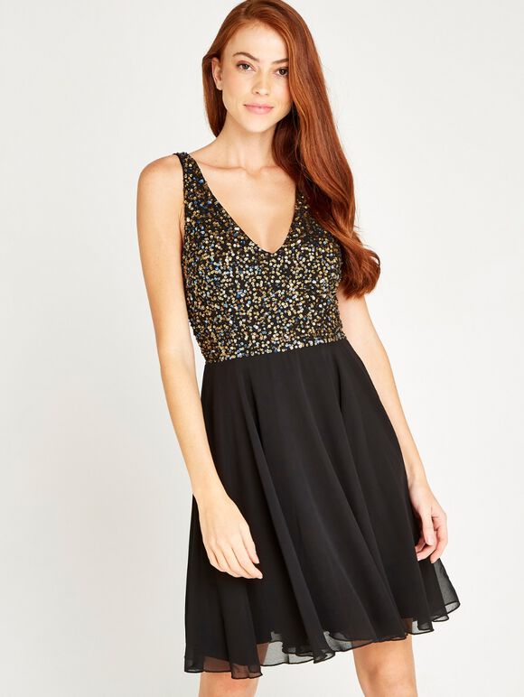 Sequin Top Swing Dress, Black, large