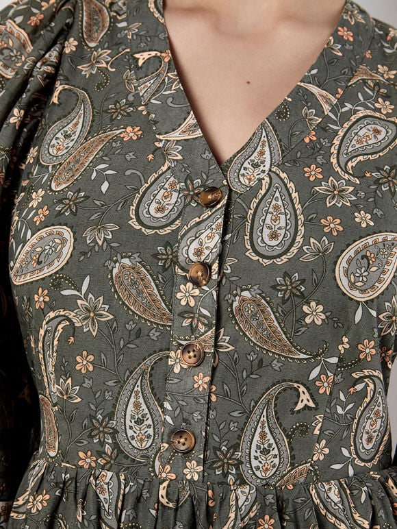Paisley Print Mini Dress, Khaki, large