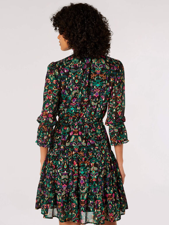 Gold Foil Ornate Floral Mini Dress, Black, large