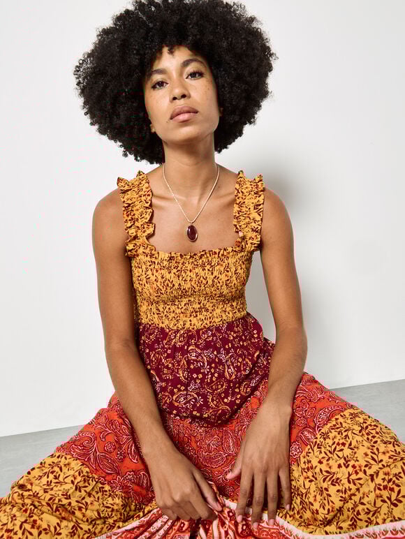 Patchwork Floral Paisley Maxi Dress, Orange, large