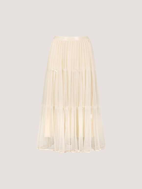 Bow Tiered Mesh Midi Skirt, Stone, large