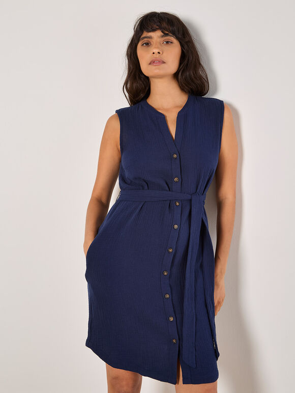 Textured Cotton Button Down Mini Dress, Navy, large