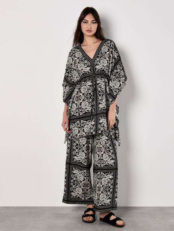 Scarf Print Flare Trousers, Black, large