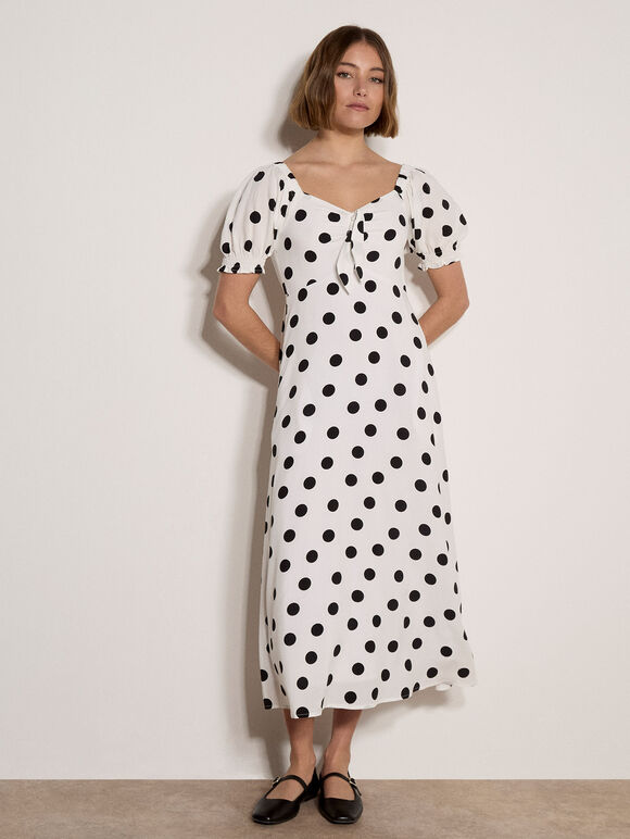 Polka Dot Bow Detail Midi Dress, White, large