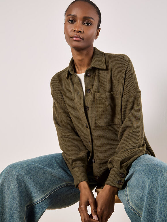 Oversized Waffle Knit Shirt, Khaki, large