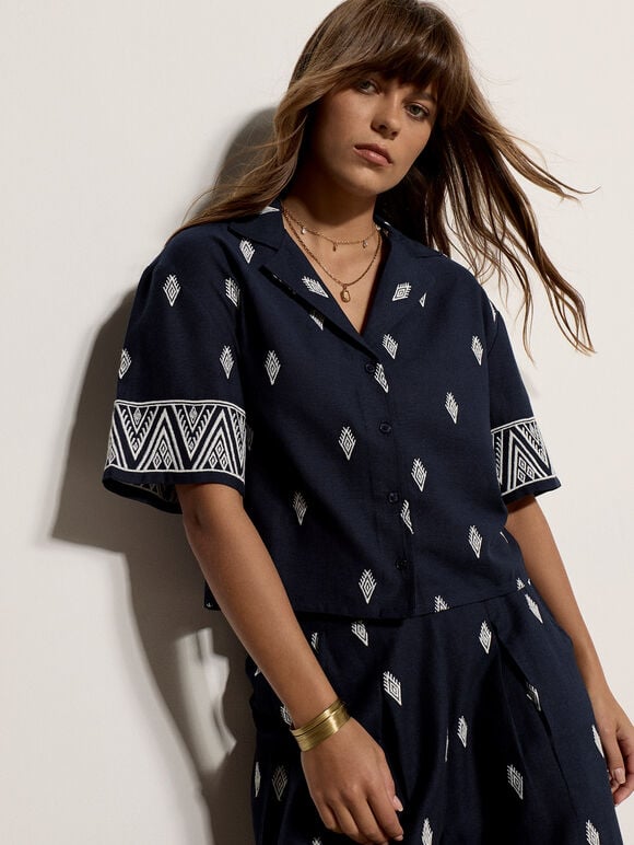 Cotton-Blend Embroidered Shirt, Navy, large