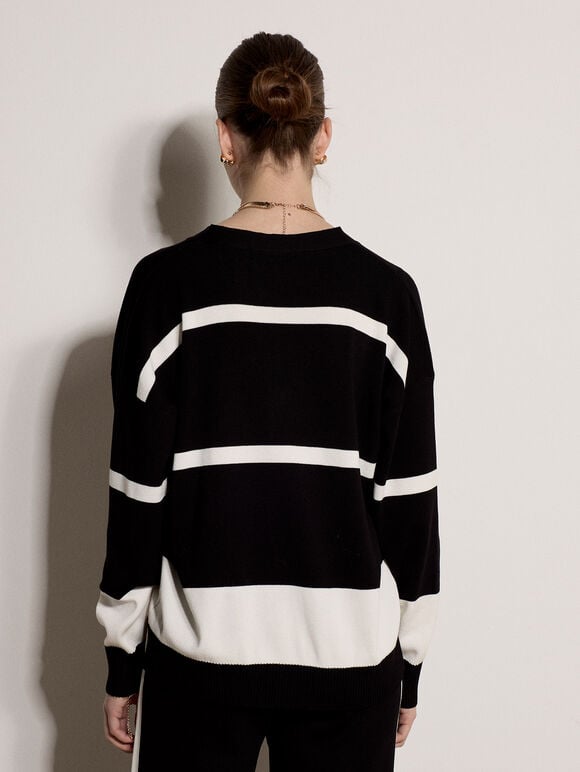 Monochrome Stripe Oversized Cardigan, Black, large