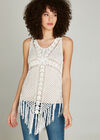Crochet Curved Fringe Hem Top, Cream, large