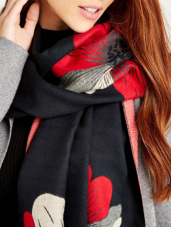 Large Woven Flowers Scarf, Red, large