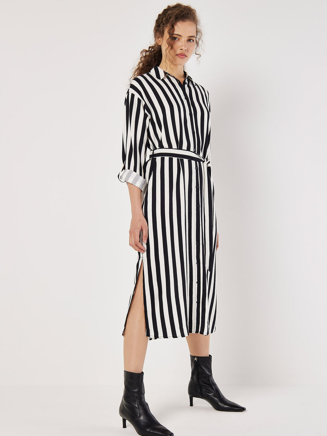 Image of Monochrome Stripe Shirt Midi Dress