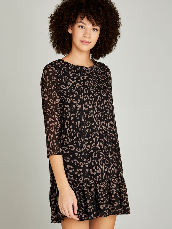 Black Leopard Chiffon Ruffle Hem Dress, Black, large