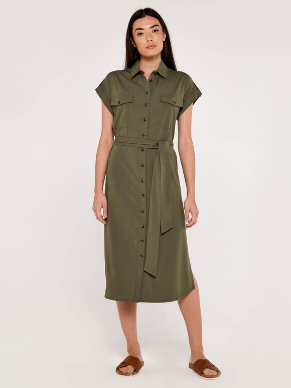 Utility Shirt Midi Dress , Khaki, large