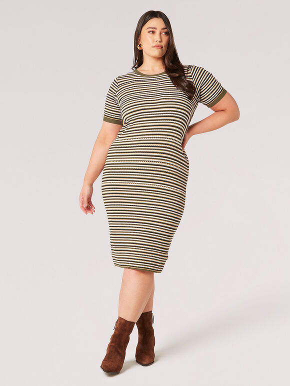 Curve Stripe Knit Midi Dress, Khaki, large