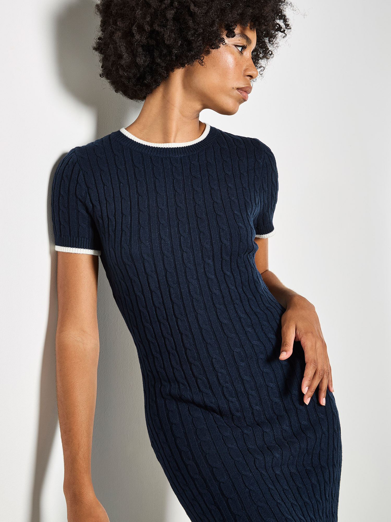 Cable Knit Contrast Trim Midi Dress | Apricot Clothing