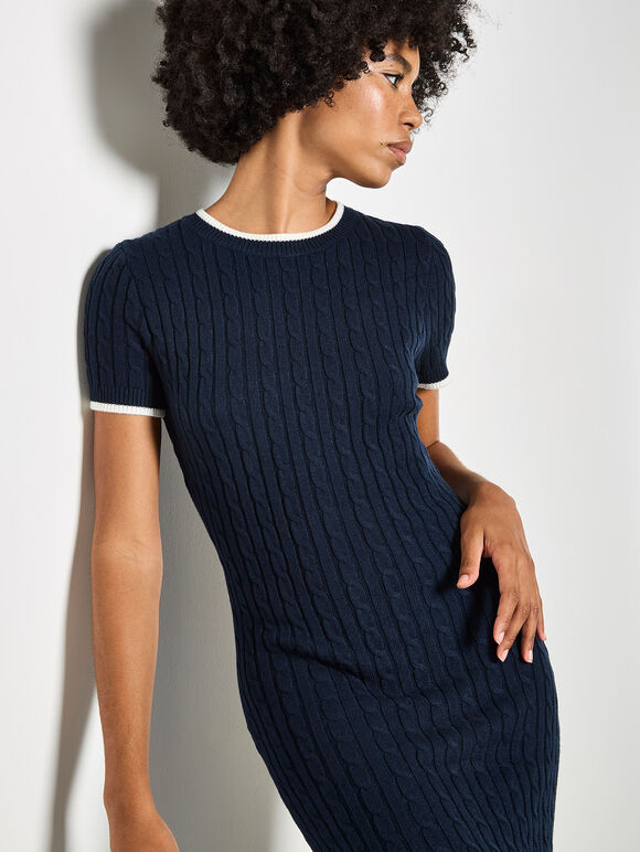 Cable Knit Contrast Trim Midi Dress, Navy, large