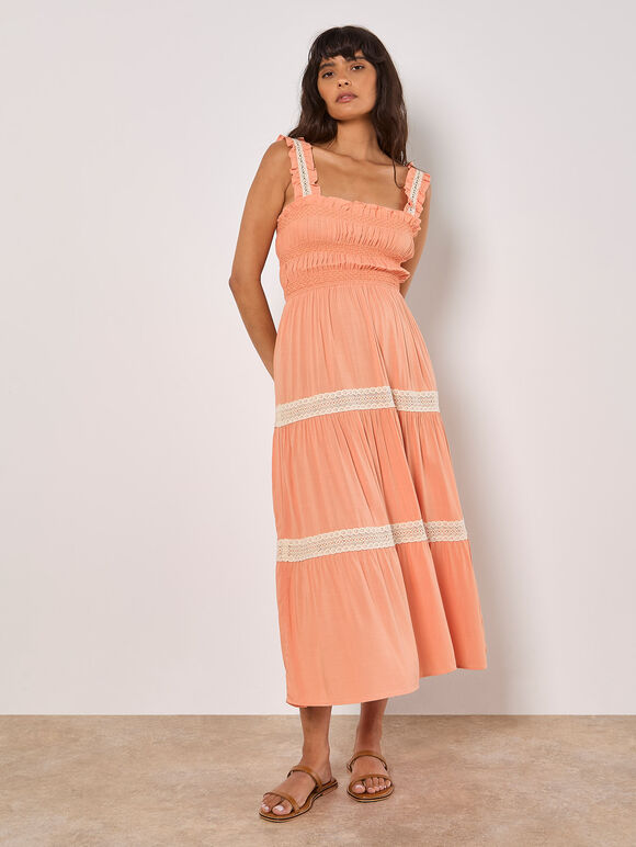 Crochet Lace Tiered Midi Dress, Coral, large