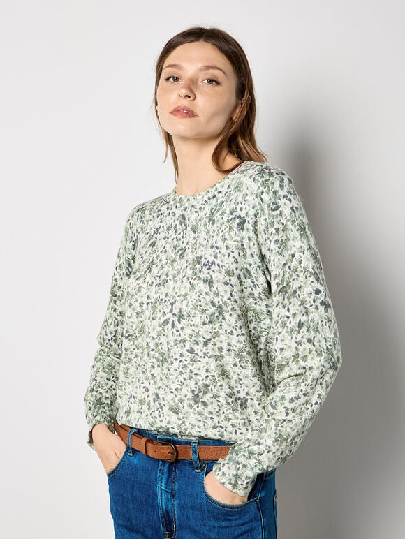 Fine Knit Silhouette Floral Jumper, Mint, large