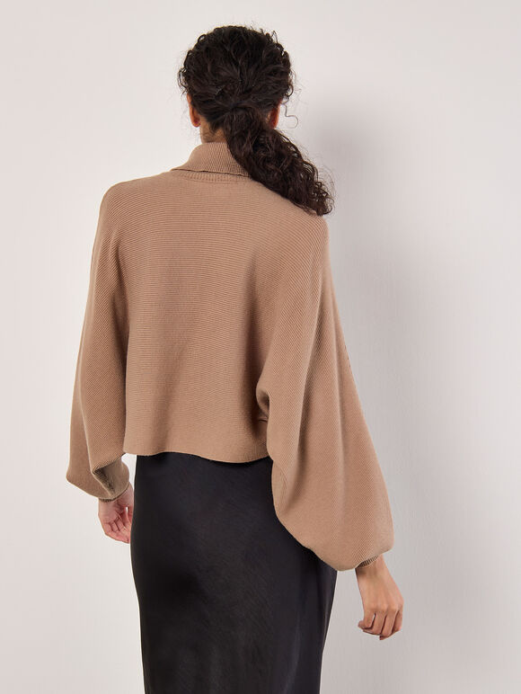 Ribbed Roll Neck Batwing Jumper, Stone, large
