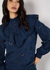 Embroidered Cotton Ruffle Blouse, Navy, large