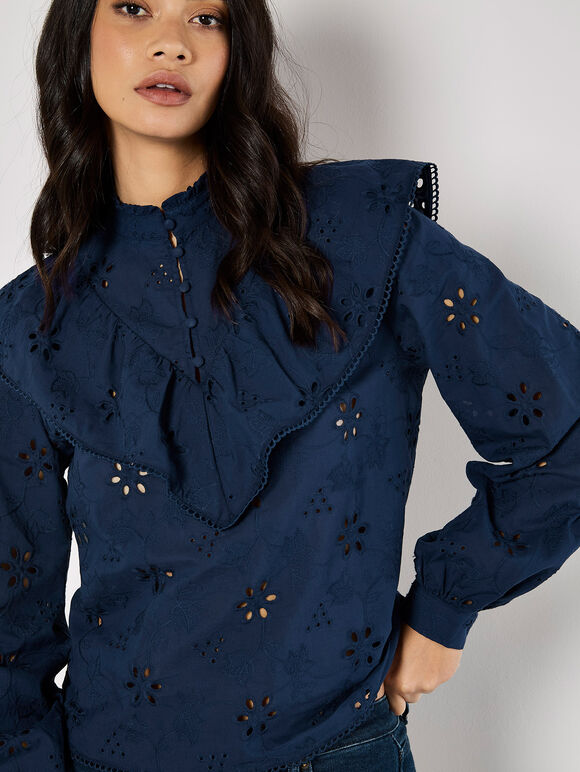 Embroidered Cotton Ruffle Blouse, Navy, large