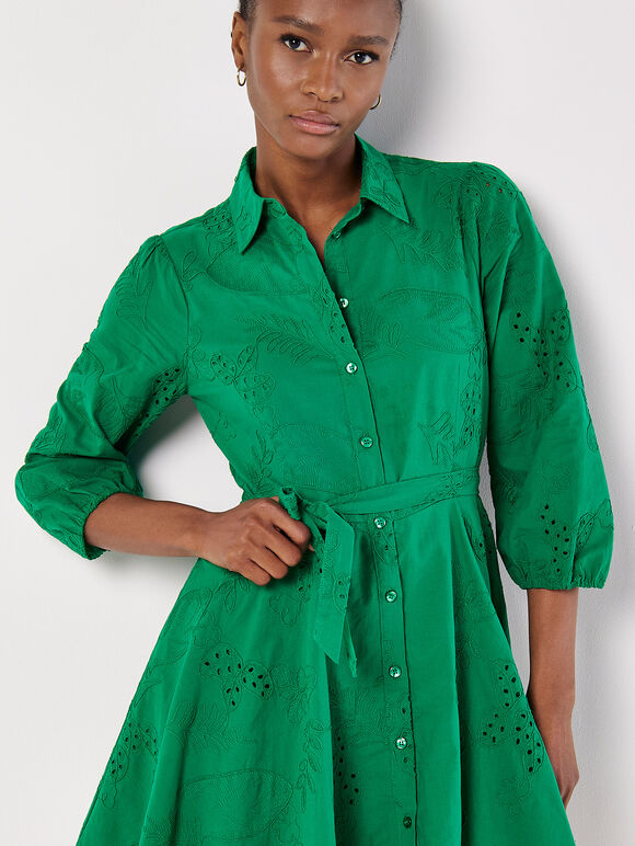 Tropical Embroidered Shirt Mini Dress, Green, large