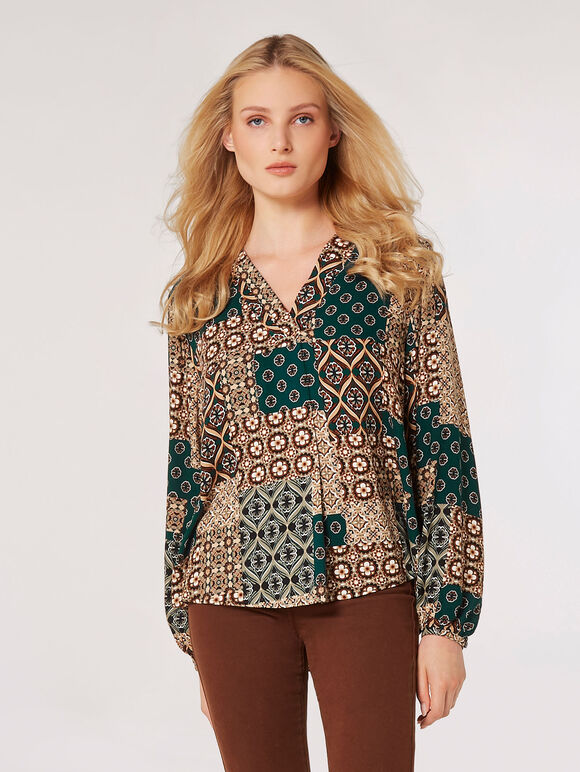 Retro Patchwork Blouse, Green, large