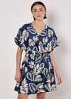 Tropical Leaf Print Satin Mini Dress, Navy, large