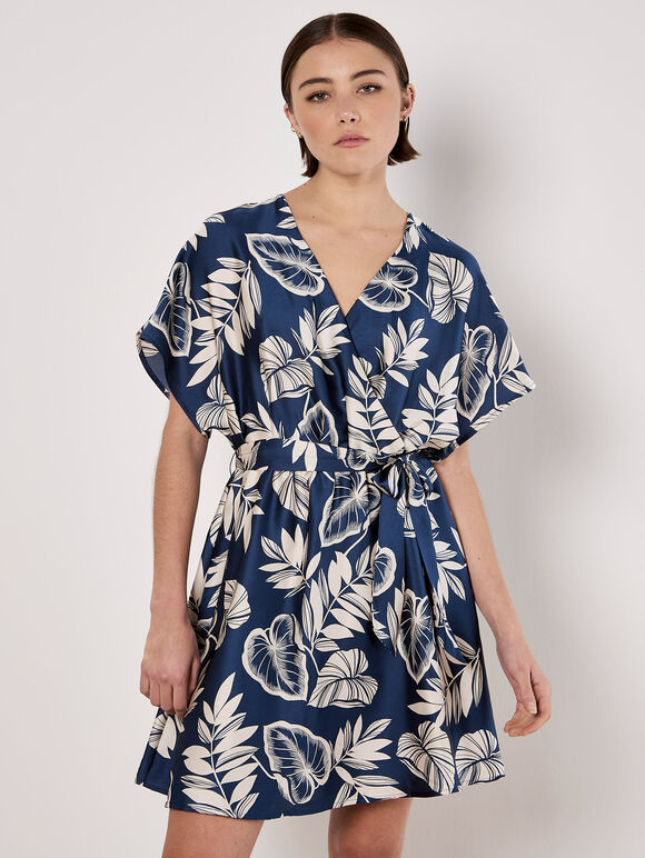 Tropical Leaf Print Satin Mini Dress, Navy, large