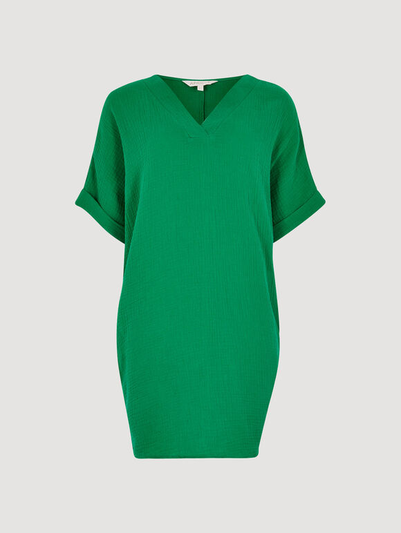 Textured Cotton Oversized T-Shirt Dress, Green, large