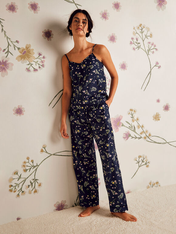 Botanical Print Wide Leg Trouser, Navy, large