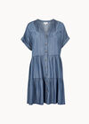 Embroidered Denim Tiered Mini Dress, Blue, large