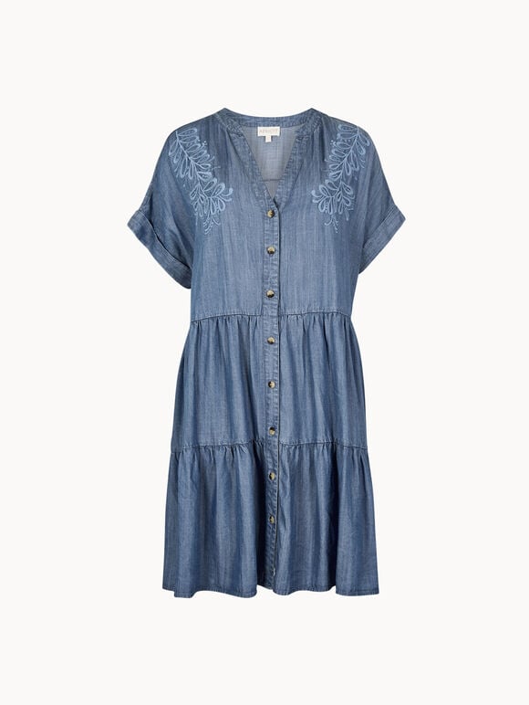 Embroidered Denim Tiered Mini Dress, Blue, large