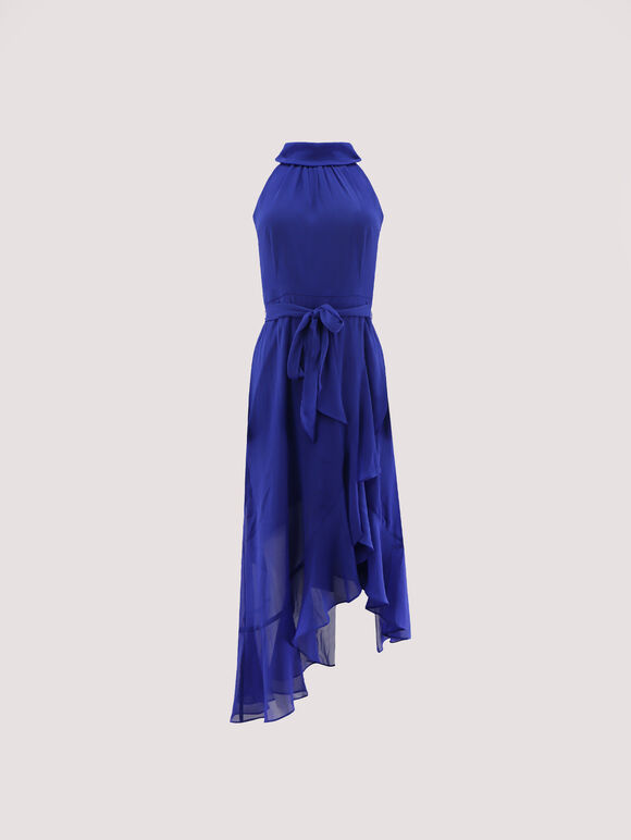 Halter Neck Ruffle Midi Dress, Blue, large