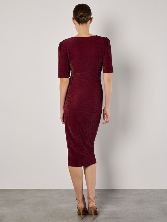 Foil Sparkle Ruched Midi Dress, Burgundy, large
