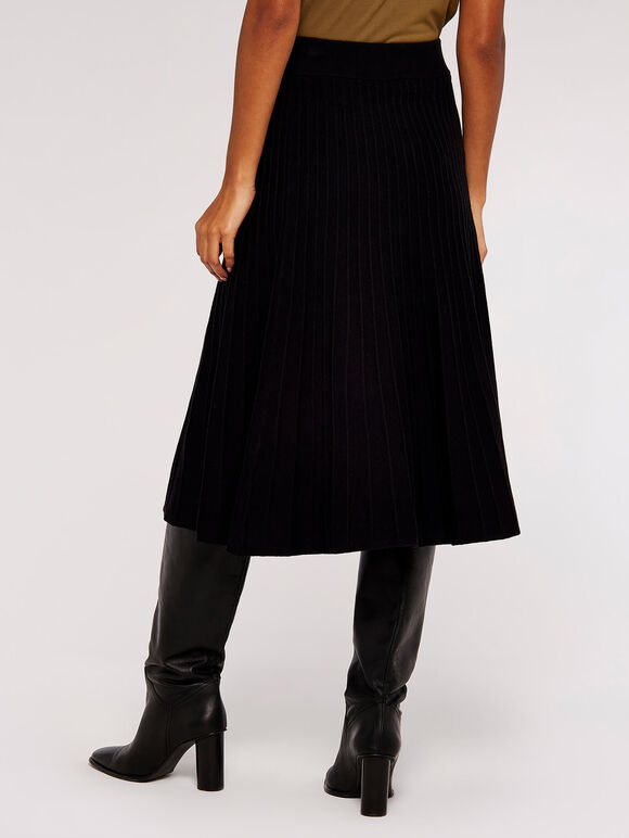 Pleated Stripe Midi Skirt, Black, large