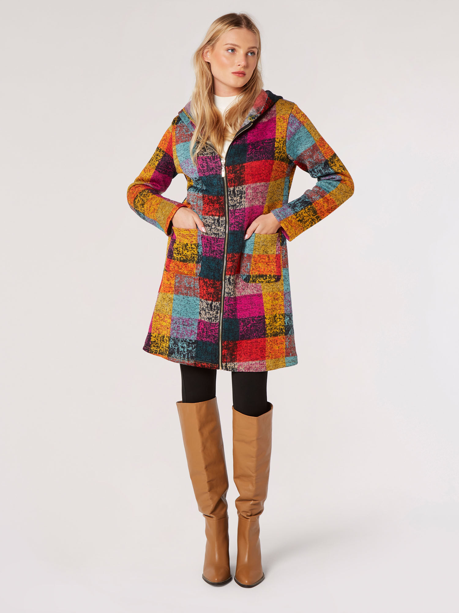 Colourful Squares Fleece Coatigan Apricot Clothing