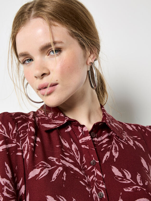 Leaf Print Shirt Mini Dress, Burgundy, large