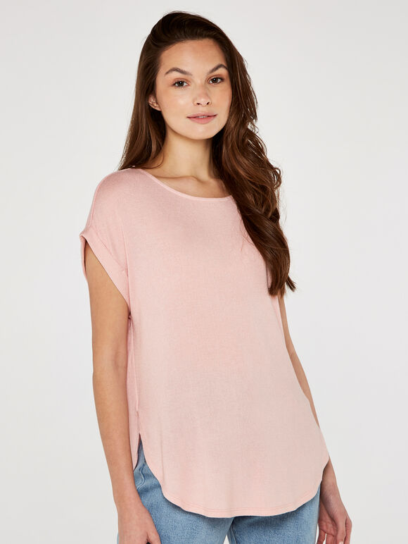 Turn Up Sleeve Top, Pink, large