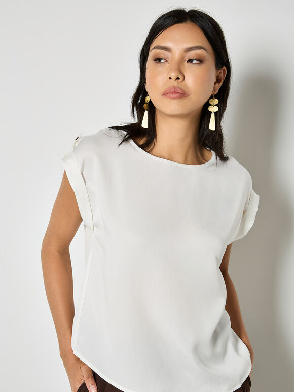 Woven Split Hem T-Shirt, Cream, large