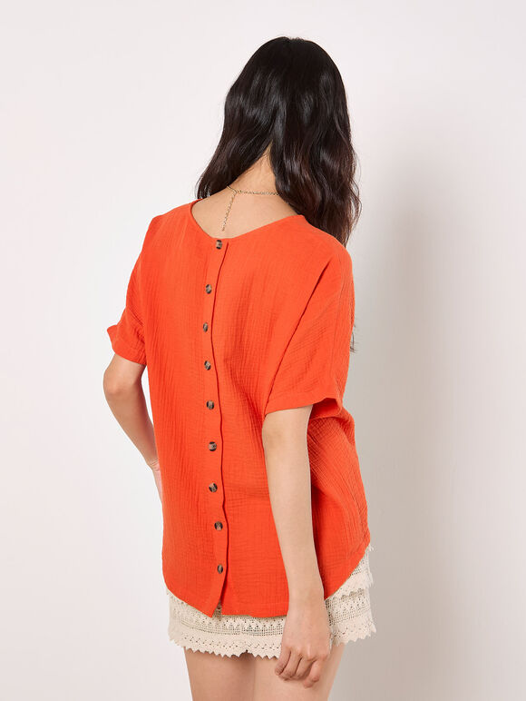 Textured Cotton Button Back T-Shirt, Orange, large