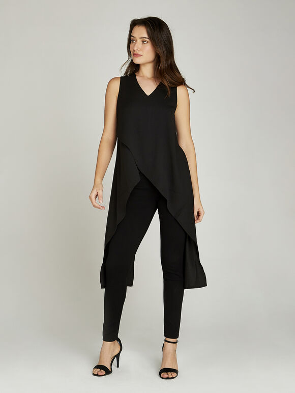 Black V Neck Hem Top, Black, large