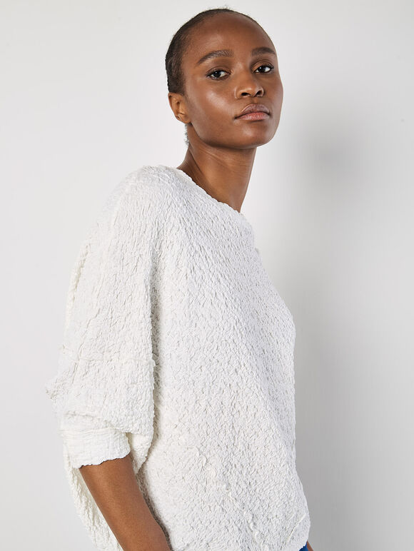 Textured Cotton Blend Top, White, large