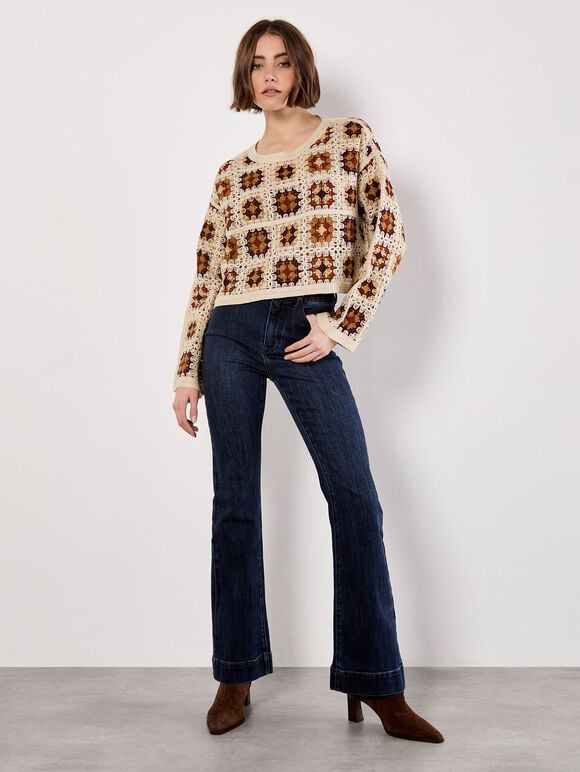 Crochet Squares Cropped Jumper, Burgundy, large