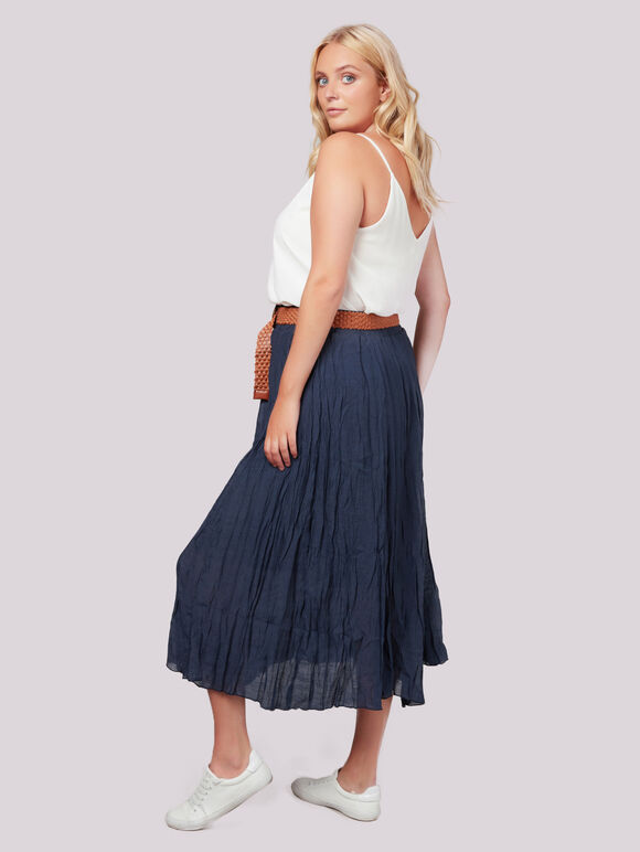 Shimmer Crinkle Belted Skirt, Navy, large