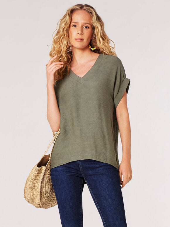 Button Back Slub T-Shirt, Khaki, large