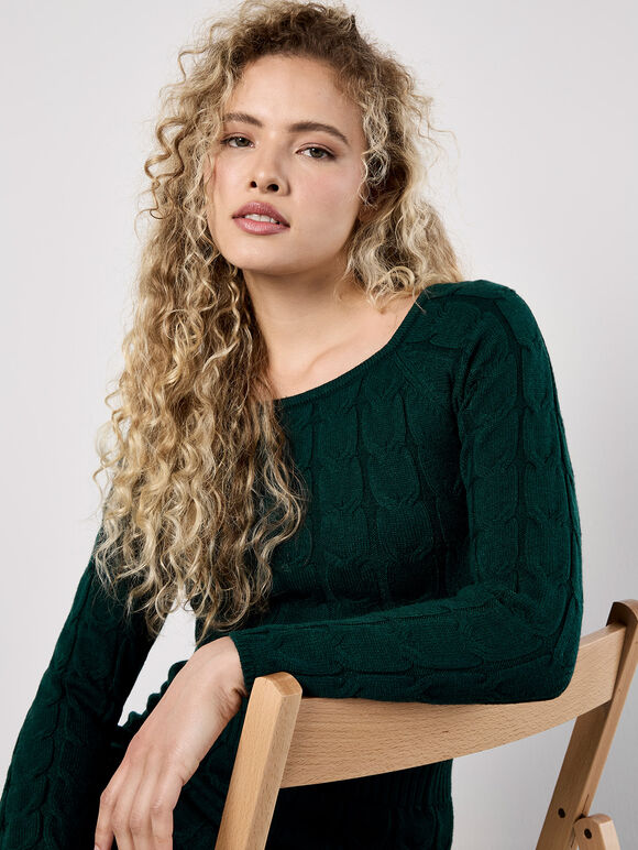 Cable Knit Cropped Jumper, Green, large