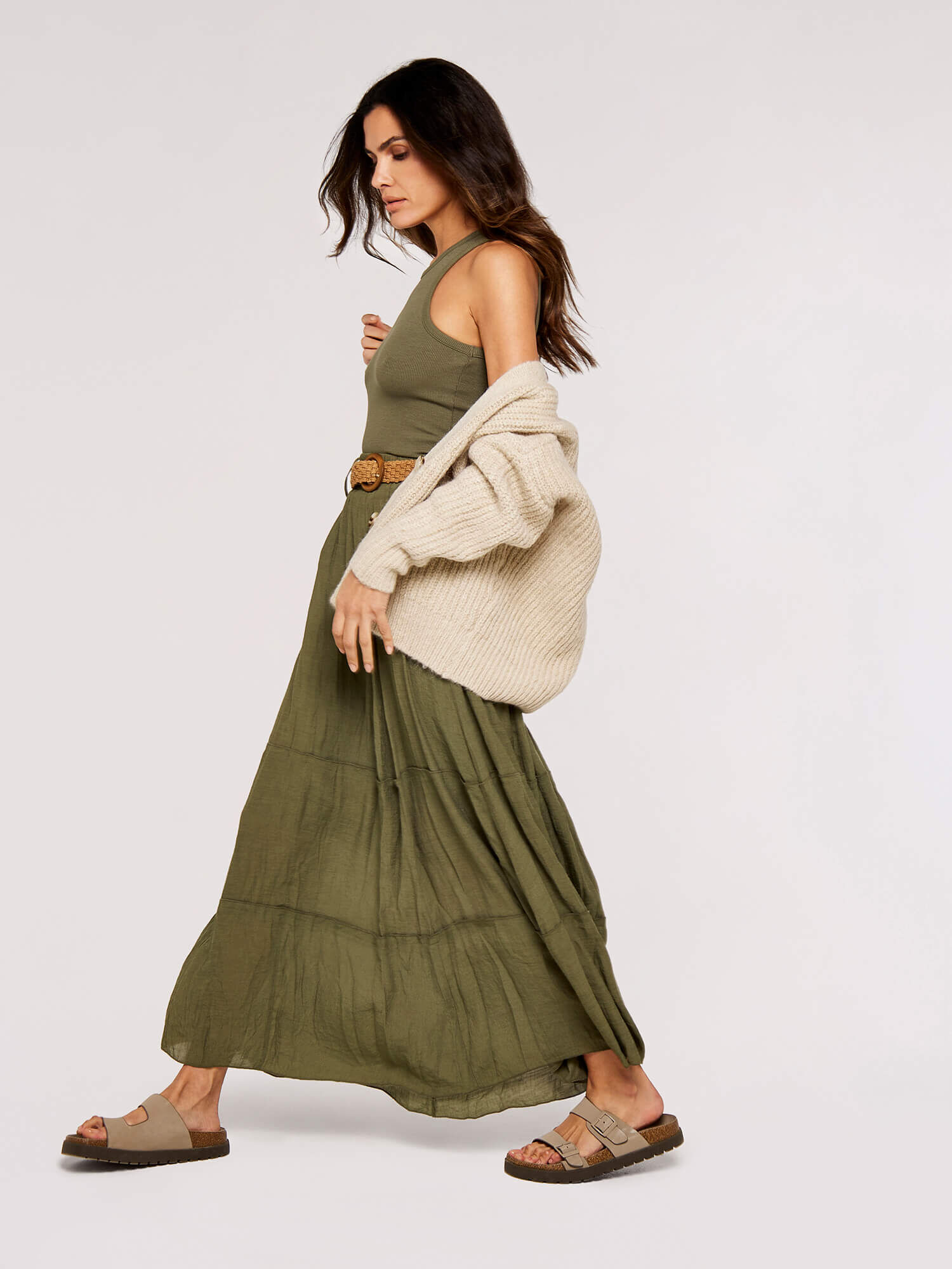 Slub Shimmer Maxi Skirt Apricot Clothing