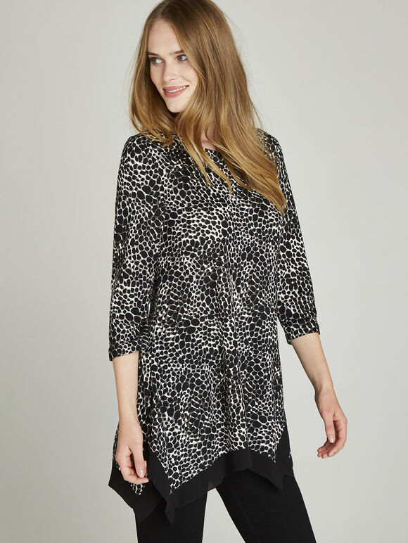 Black Animal Print Chiffon Tunic Top, Black, large
