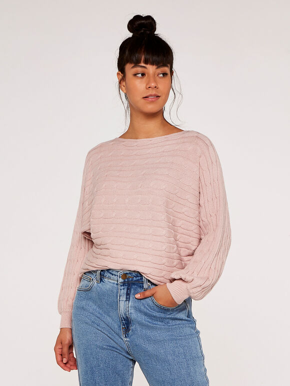 Cable Stripe Batwing Aran Jumper, Pink, large